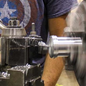 Close up of a manual lathe in motion