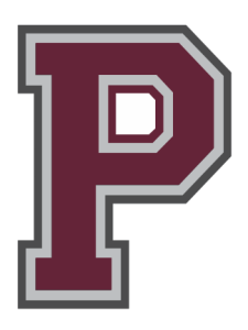 Perry High School's new logo. The logo is a maroon P with a gray and black outline.